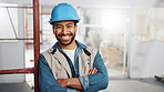 Worker, man and happy with arms crossed for construction, renovation project or skilled labor. Scaffolding, tradesman or smile with PPE on site for remodeling, industry expertise or building portrait