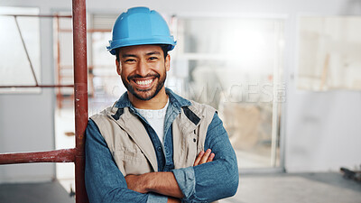 Buy stock photo Worker, man and happy with arms crossed for construction, renovation project or skilled labor. Scaffolding, tradesman or smile with PPE on site for remodeling, industry expertise or building portrait