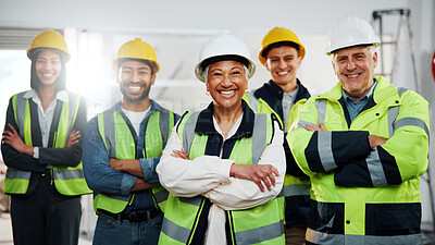 Buy stock photo Laugh, woman and group with arms crossed for construction, site leader and renovation collaboration. Mature foreman, engineers or confident with PPE for remodeling portrait, development team or happy