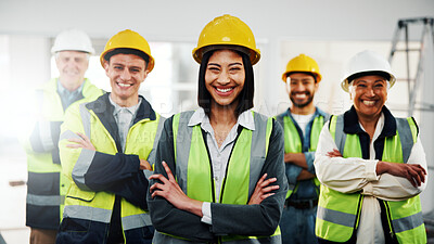 Buy stock photo Happy, woman and team with arms crossed for construction, site visit or building collaboration. Project manager, engineers or confident with PPE for remodeling portrait, renovation leader or laughing