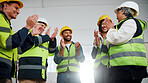 Applause, people and construction team in office with collaboration, achievement or completed repairs. Happy, clapping and civil engineering group with celebration for building goals together.
