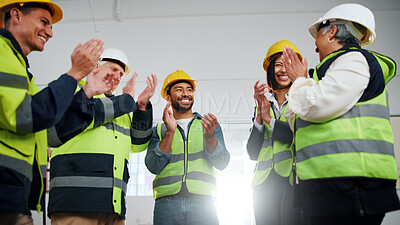 Buy stock photo Applause, people and construction team in office with collaboration, achievement or completed repairs. Happy, clapping and civil engineering group with celebration for building goals together.