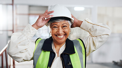 Buy stock photo Portrait, woman or technician with hard hat in factory for inspection, development or maintenance. Happy, mature person and smile for building safety, quality control and engineering for expansion