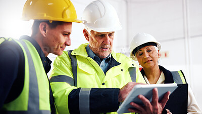 Buy stock photo Architecture, team and talk in meeting with tablet, app or explain AI rendering of building project. Architect, manager and people with tech for online design, conversation and guide for renovation.