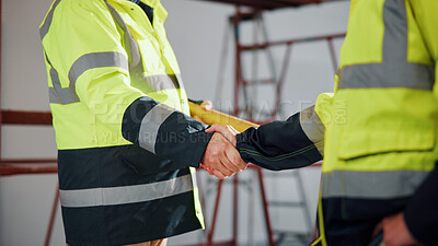Buy stock photo Architect, team and shaking hands with blueprint in building, agreement and celebration for project. People, collaboration and handshake for construction success, meeting and property development