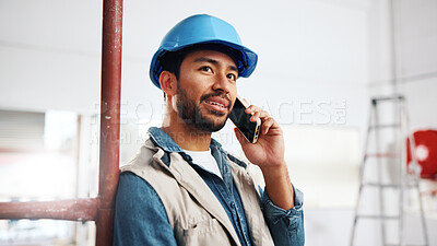 Buy stock photo Technician, smile and man with phone call for engineer schedule, renovation or inspection. Person, architecture and communication with quality assurance, maintenance and tech for property management