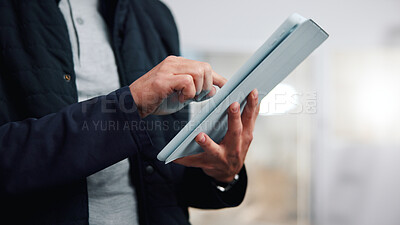 Buy stock photo Scroll, online and hands with tablet in office, digital marketing or planning for ad campaign on web. Social media manager, browsing and person with tech, brand awareness and research in business