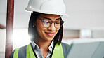 Engineer, woman and smile at construction site with tablet, app or check property design for safety. Engineering contractor, happy person and glasses with tech for building compliance, review or plan
