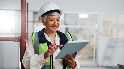Buy stock photo Technician, smile and woman with tablet for engineer schedule, renovation or property management. Mature person, architecture and employee with quality assurance, maintenance and tech for inspection