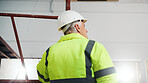 Thinking, man and engineer with helmet for construction, protection and ideas for architecture. Below, mature person and vision with hard hat for ppe, safety and quality control for building progress