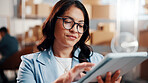 Smile, woman or tablet in small business for logistics, fleet tracking system or online invoice. Glasses, person or tech in supply chain for shipment status, digital receipt or bill of lading review