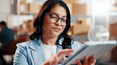 Buy stock photo Smile, woman or tablet in small business for logistics, fleet tracking system or online invoice. Glasses, person or tech in supply chain for shipment status, digital receipt or bill of lading review