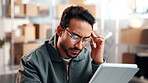 Thinking, man and logistics worker with tablet in office with mistake on inventory or online order. Error, cargo service and supply chain manager with digital technology for delivery information. 