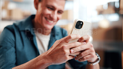 Buy stock photo Hands, man and phone in small business for shipping, route update or package dispatch in logistics. Startup, person or happy with mobile app for positive review, delivery confirmation or online order