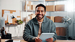 Tablet, man and portrait of logistics worker in office with research, inventory or online order. Happy, cargo service and supply chain manager with digital technology for delivery information. 