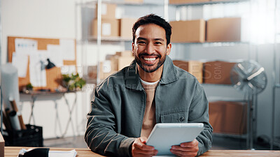 Buy stock photo Tablet, man and portrait of logistics worker in office with research, inventory or online order. Happy, cargo service and supply chain manager with digital technology for delivery information. 