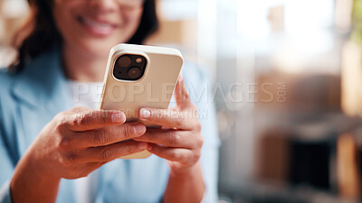 Buy stock photo Hands, woman or phone in small business for logistics, driver update or track package in shipping. Supply chain, person or mobile app in startup for route search, digital invoice or delivery schedule