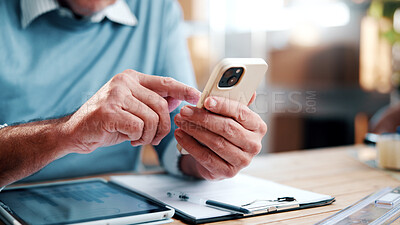 Buy stock photo Hands, man or phone in small business for supply chain, shipping cost enquiry or digital invoice. Logistics, startup owner or texting on mobile for client update, online receipt or delivery schedule