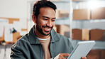Ecommerce, man and smile in warehouse with tablet, sales target or notification for shipping success. Happy, male person and tech in small business with good review, online order and logistics goals.