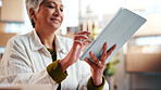 Tablet, woman and logistics manager in office with research, inventory or online order information. Happy, cargo service and mature supply chain worker with digital technology for industry delivery.