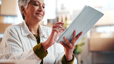 Buy stock photo Tablet, woman and logistics manager in office with research, inventory or online order information. Happy, cargo service and mature supply chain worker with digital technology for industry delivery.