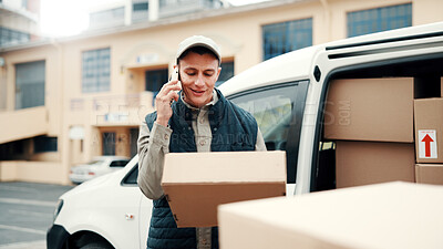 Buy stock photo Logistics, delivery man and phone call with box outdoor for parcel arrival, verify address or smile. Transit, worker and mobile chat with package at van for unit directions, courier service or export