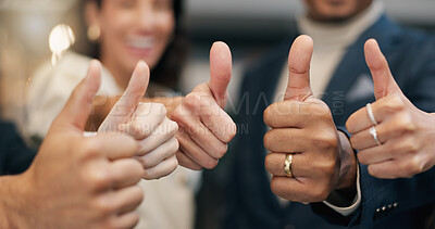 Buy stock photo Happy people, hands and team with thumbs up in office, motivation or celebration for achievement. Business, colleagues and smile with positive feedback, success and opinion with promotion gesture
