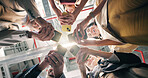 Below, phone and group of business people in circle with connection, online and social media post. Happy men, women and technology in office for community, ux survey or feedback for company policy