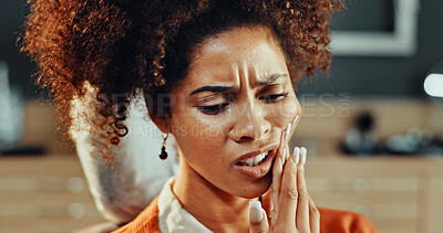 Buy stock photo Woman, pain and toothache in clinic for dental surgery, extraction appointment or treatment. Discomfort, female person or patient with sore gum, mouth or teeth for gingivitis, cavity or tooth decay