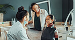 Dentist, girl and mom with smile for consultation, cleaning or gum disease for dental help. Happy, talking and kid with woman for teeth whitening, oral care or treatment plan for mouth procedure