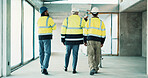 Construction, inspection and men with supervisor in building, collaboration and plan for renovation. Civil engineering, people and quality assurance with team, back and property development project