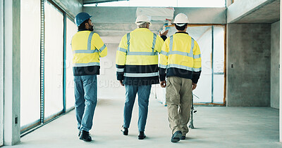 Buy stock photo Construction, inspection and men with supervisor in building, collaboration and plan for renovation. Civil engineering, people and quality assurance with team, back and property development project