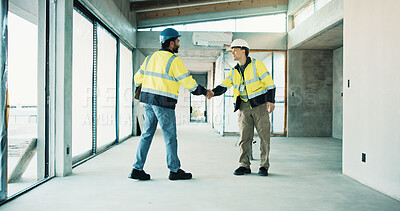 Buy stock photo Handshake, happy and construction team at worksite for partnership, collaboration and agreement. Building development, civil engineering and men shaking hands for project management at property