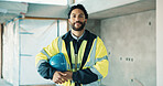 Happy, man and electrician with helmet for construction, safety and utilities for architecture. Portrait, person and technician with hard hat for ppe, electrical supervisor and building development