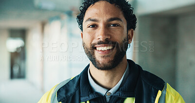 Buy stock photo Portrait, man and engineer with smile for construction, safety and project inspector for architecture. Happy, person or confident at site for compliance, expansion supervisor and building development