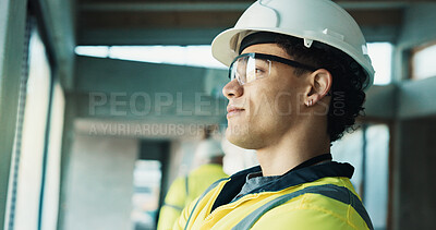 Buy stock photo Thinking, goggles and construction worker on site with ideas, memory or planning for building. Man, architecture and civil engineer with decision or choice on maintenance repairs, PPE or renovation.