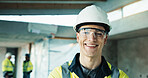 Portrait, man and engineer with helmet for construction, safety and inspector for architecture. Smile, male person or career pride with hardhat for ppe, electrical supervisor and building development