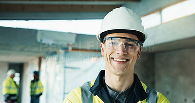 Buy stock photo Portrait, man and engineer with helmet for construction, safety and inspector for architecture. Smile, male person or career pride with hardhat for ppe, electrical supervisor and building development