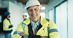 Happy, man and engineer at site with helmet, safety and construction inspector for architecture. Portrait, mature person and smile with hard hat for ppe, expansion supervisor and building development