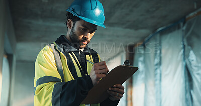 Buy stock photo Clipboard, man and construction worker on site with documents on maintenance, repairs or building. Checklist, writing and civil engineer with paperwork on renovation, project or property development.