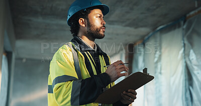 Buy stock photo Clipboard, thinking and construction worker on site with documents on maintenance, repairs or building. Checklist, man and civil engineer with planning for renovation, project or property development