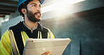 Tablet, man and construction worker on site with research update on maintenance, repairs or building. Digital technology, email and civil engineer with feedback on renovation or property development.