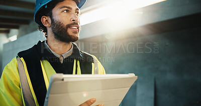 Buy stock photo Tablet, man and construction worker on site with research update on maintenance, repairs or building. Digital technology, email and civil engineer with feedback on renovation or property development.