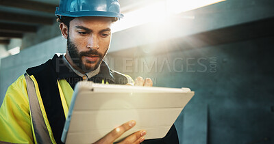 Buy stock photo Tablet, man and civil engineer on site with research update on maintenance, repairs or building. Digital technology, email and construction worker with feedback on renovation or property development.