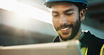 Tablet, happy and construction worker on site with research update on maintenance, repairs or building. Digital technology, man and civil engineer with feedback on renovation or property development.