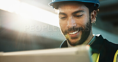 Buy stock photo Tablet, happy and construction worker on site with research update on maintenance, repairs or building. Digital technology, man and civil engineer with feedback on renovation or property development.