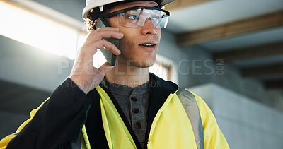 Buy stock photo Construction, review or man on site with phone call, supervisor briefing or progress track in chat. Contact, ppe or engineer lead with tech, building report or coordination in feedback communication.