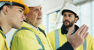 Buy stock photo Building, inspection and men with supervisor, teamwork and plan for renovation on construction site. Civil engineer, people and collaboration for quality assurance, discussion or property development