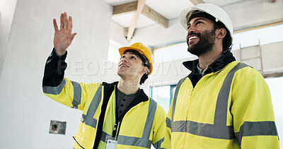 Buy stock photo Team, smile and men on construction site, inspection and planning for property development or point. Civil engineer, talk and quality assurance for renovation project, happy people and collaboration
