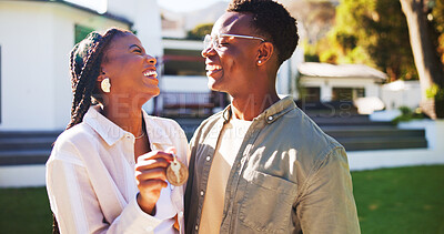 Buy stock photo Outdoor, key and happy couple moving in house with new beginnings, real estate goals and milestone. Black people, dating and smile in backyard with keyring, relationship and relocation to dream home.